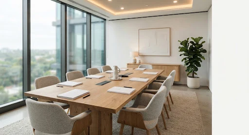 Scandinavian minimalist executive board room with warm natural timber tables, soft natural daylight, crisp documents laid out cleanly, modern chairs and ambient warm light, editorial corporate photography