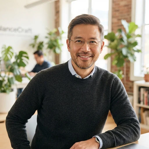 Headshot of a male finance executive in his 40s wearing spectacles and dark charcoal knitwear, bright airy creative studio background, warm natural skin tones