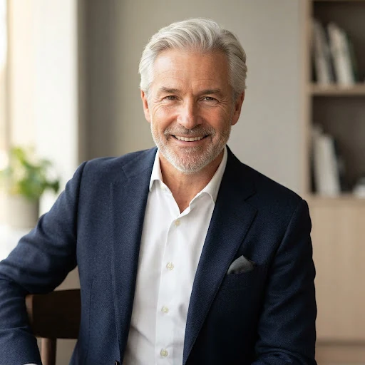 Corporate headshot portrait of a mature male venture partner with silver hair, navy bespoke wool blazer, warm natural studio lighting, Nordic clean background