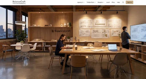 High-end architectural design agency interior with polished concrete floors, warm birch wood timber partition, large sketch displays, and minimalist ceramic elements under warm ambient gallery lighting.