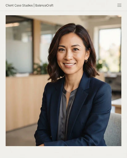 Professional headshot of a confident tech founder in her late 30s with dark hair, minimal architectural background, soft warm lighting, professional executive apparel