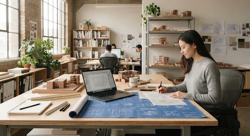 Architectural studio workplace with laptop computers, crisp design blueprints, architectural clay models on display, serene morning light, minimalist aesthetic, natural materials