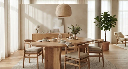 Warm Scandinavian minimalist interior showroom with sculptural wood dining furniture, neutral linen accents, architectural soft shadows, warm beige tones, editorial catalog style photography