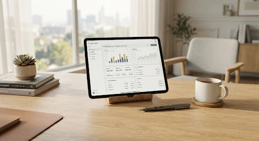 Modern Scandinavian minimalist executive workspace bathed in gentle natural morning sunlight. Warm bleached oak desk, titanium fountain pen, pristine ceramic tea mug, and high-end digital tablet displaying real-time financial ledger analytics with understated brass and slate gray interface typography.