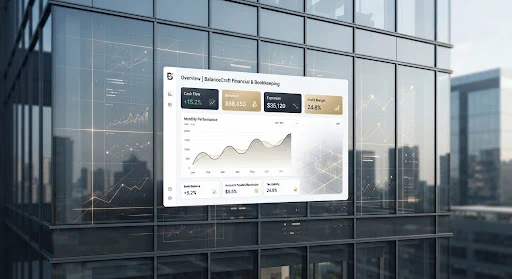 Minimalist abstract representation of cloud software metrics and digital infrastructure. Sleek architectural glass facade with subtle geometric digital grid lines in charcoal slate and warm champagne gold accents.