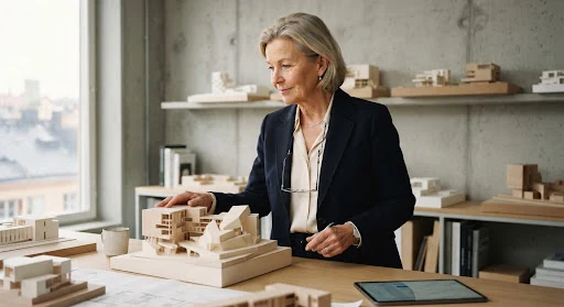 Close up architectural portrait of a senior Scandinavian female financial partner looking thoughtfully at architectural models, natural northern light, minimalist Nordic concrete office, soft bone and slate ink tones