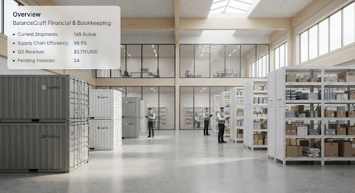 Architectural photo of high-end logistics and global supply chain design. Clean geometric shipping containers and pristine white warehouse shelving bathed in soft Scandinavian sunlight.