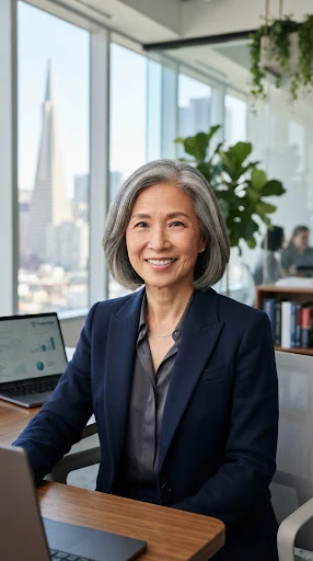 Professional headshot of a senior female Certified Public Accountant in contemporary corporate attire smiling confidently in a modern bright San Francisco advisory office with subtle architectural greenery in background.