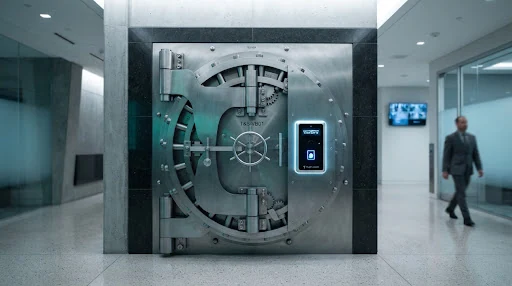 High security bank vault reinforced steel door with precision biometric scanning mechanism in pristine institutional architecture. Cool emerald and slate tone reflections, clean corporate modernist aesthetic, cinematic diffused lighting.