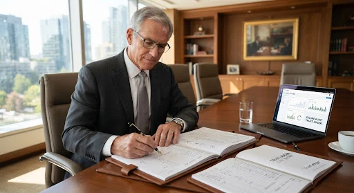 A distinguished senior partner CPA in a tailored charcoal suit reviewing formal financial audit ledgers with a fountain pen in an executive mahogany boardroom with soft morning sunlight streaming in.