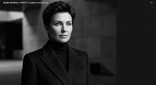 Monochrome portrait of Elena Rostova, woman with thoughtful analytical gaze, wearing bespoke tailored dark wool coat, deep cinematic contrast, sleek architectural lighting, high fashion and executive presence