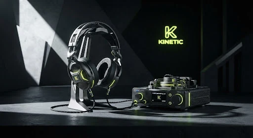 Avant-garde spatial acoustic headphone and amplifier hardware crafted from matte titanium and perforated ceramic, dramatically side-lit in a dark minimalist studio with sharp geometric shadows and kinetic neon lime accents.