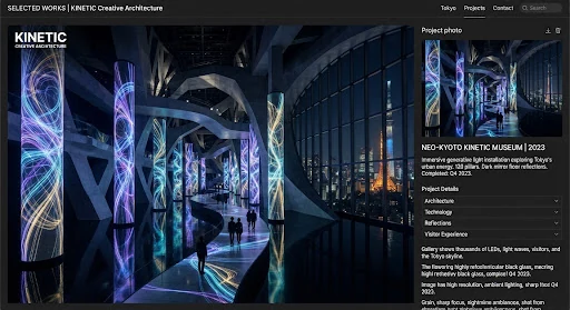Vast futuristic museum gallery in Tokyo illuminated by monumental floor-to-ceiling generative light projection pillars, kinetic light waves, dark reflective black mirror flooring.