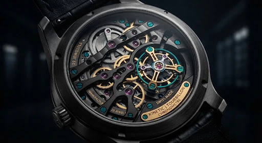 Close up of a luxury Swiss tourbillon mechanical watch movement inside a dark titanium casing, high precision macro photography with laser sharp teal and gold focal points, studio dramatic chiaroscuro lighting.