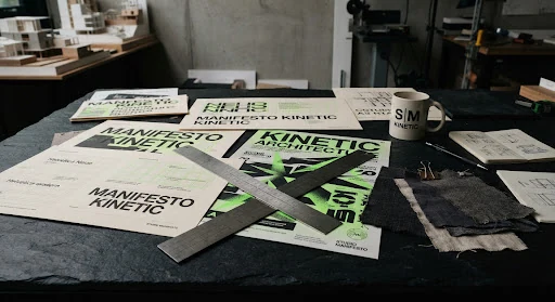 Physical design artifacts: printed typography proofs, custom metal grid rulers, screenprinted posters with brutalist typography and fluorescent green ink, textured linen swatches laid out on a matte black stone surface