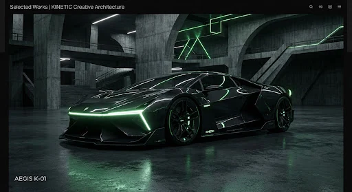 Monolithic electric hypercar in an architectural brutalist concrete hangar with dynamic neon green kinetic lighting reflections on metallic carbon body, hyper-realistic 3D rendering, luxury automotive minimalism, dark obsidian aesthetic.