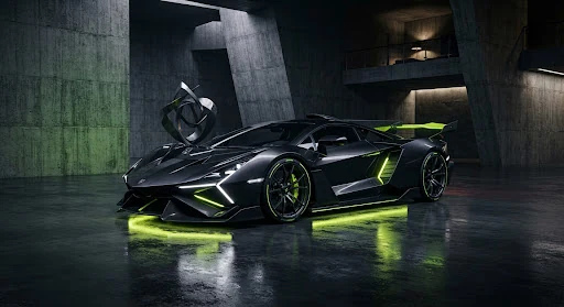 Editorial rendering of an autonomous dark metallic electric hypercar with razor-sharp aerodynamic wings inside a brutalist concrete gallery with dramatic neon lime green kinetic under-glow reflections, ultra high definition 3d automotive visualization.