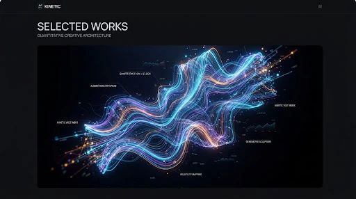 Algorithmic generative fluid 3D data sculpture in deep obsidian space with electric kinetic volt ribbons weaving dynamically, financial quantitative art concept, hyper clean editorial.