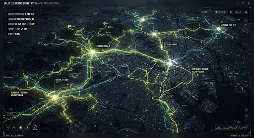 Futuristic clean energy grid visualized as complex topological 3D glowing vector matrix lines over a dark satellite landscape, sci-fi cybernetic interface aesthetic with neon yellow energy nodes.