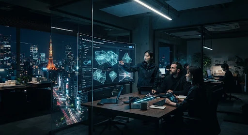 Atmospheric shot of high-end Tokyo atelier space at night, glass meeting room with floor-to-ceiling city reflections, engineers reviewing mathematical shader wireframes on screen, moody futuristic ambiance