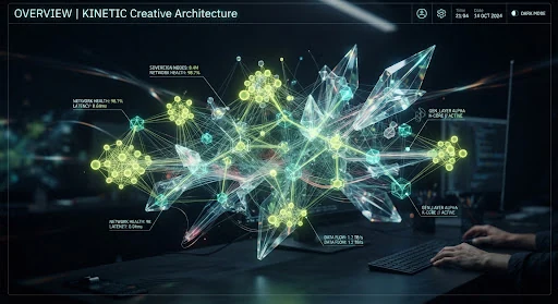Futuristic holographic generative interface visualization depicting sovereign neural network architecture with glowing neon chartreuse node clusters, crystalline glass structures, and deep carbon background, editorial data sculpture aesthetic.