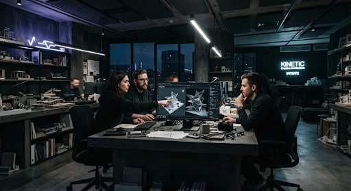 Dark high-end architectural creative studio space with monolithic concrete desks, matte black monitors displaying 3D render pipelines, glowing neon volt accent fixtures, and designers collaborating in moody cinematic lighting.