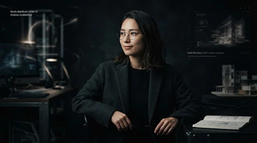 Cinematic studio portrait of Sora Takahashi, Japanese creative technologist with minimalist wireframe spectacles, dark charcoal minimalist attire, soft geometric volumetric illumination, deep obsidian shadows, high-end editorial tone