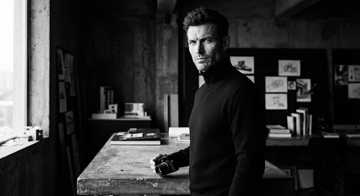 Editorial cinematic black and white portrait of Axel Vance, male creative director in his late 30s with sharp features and architectural black turtleneck, dramatic side lighting, high contrast brutalist studio atmosphere, ultra-sharp focus
