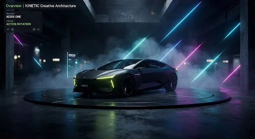 Cinematic high-contrast editorial video still showing an ultra-sleek matte obsidian electric vehicle rotating slowly in a dark architectural concrete hangar, illuminated by razor-thin neon kinetic volt light rays and cold volumetric mist, ultra-photorealistic 8k render, avant-garde haute couture digital styling.