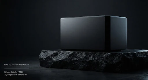 Monolithic matte black architectural wireless audio transducer resting on black raw granite block, minimalist industrial product design, moody sculptural lighting with sharp rim accents.