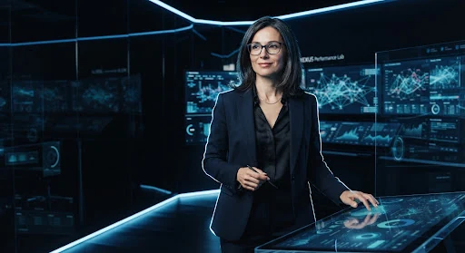 Editorial portrait of Dr. Elena Rostova, a poised female data scientist with glasses in her early 40s in a high-tech data visualization environment, sharp blue backlighting, dark obsidian studio, confident intellectual presence.