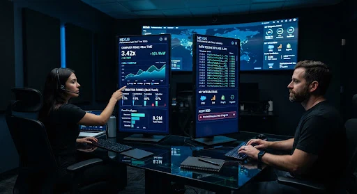 High-tech enterprise performance marketing command center in dark mode with dual vertical displays showing real-time ROAS graphs, attribution funnels, and data telemetry logs in electric cobalt blue and neon emerald hues.