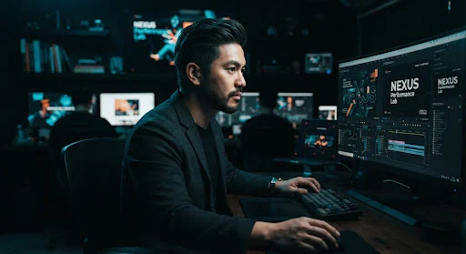 Moody cinematic portrait of Liam Chen, an Asian creative director in his mid-30s in a dark design lab with multiple editing displays showing high-contrast motion typography, dramatic side lighting with deep cyan highlights.