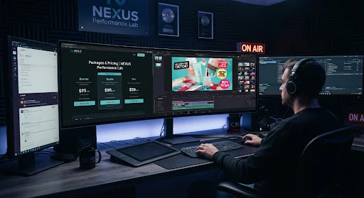 Modern creative studio editing bay with motion graphics workstations rendering viral high-converting TikTok and Meta advertising creative with color-graded product video and typographic badges.