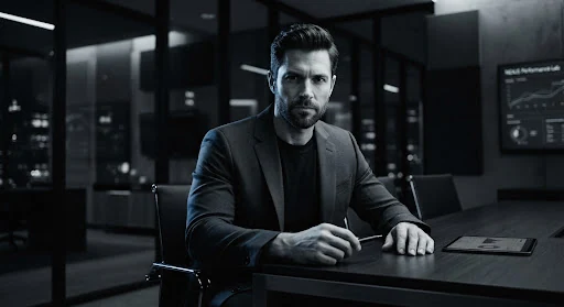 Monochrome cinematic portrait of Marcus Vance, a focused man in his late 30s wearing a structured dark tech blazer, modern corporate architectural lighting with deep shadows, cool slate and electric cobalt rim light in a minimalist tech boardroom.