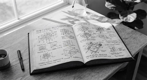 Monochrome photograph of an open architectural monograph with geometric diagrams and handwritten notes on parchment, natural window shadow.
