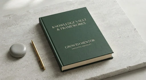 Minimalist design book laid flat on a stone surface, delicate typography with deep green and cream paper tone, soft studio shadows.