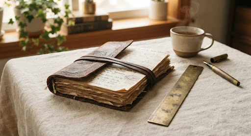 Still life photo of an antique leather-bound journal and a brass ruler resting on a linen tablecloth, warm morning ambient light.