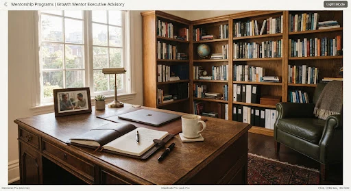 Quiet and refined study room with warm oak bookshelves, soft morning sunlight casting shadows over an antique wooden desk with a leather journal, fountain pen, and a ceramic mug, evoking calm strategic mentorship.