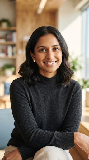 Portrait of an Indian-American young female founder in a minimalist dark mockneck sweater, soft warm studio lighting, direct and approachable gaze.