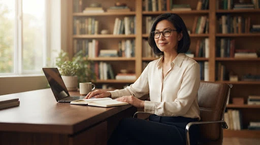 Warm editorial portrait of an Asian woman in her early 40s with sophisticated glasses and an elegant cream silk blouse, seated in a tranquil sunlit library office with warm timber bookshelves in the background. Natural soft lighting, discerning and compassionate leadership presence.