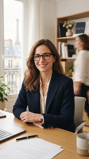 Portrait of a female French executive in her mid-30s with architectural glasses, dark blazer, soft Paris office interior with diffuse morning natural light.