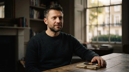 Intimate editorial film portrait of a thoughtful European male tech founder in his mid-30s wearing a dark charcoal wool crewneck sweater. Ambient warm daylight coming from a London Mayfair Georgian window, deep shadows, authentic natural skin texture, serene composed expression.