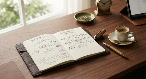 Monochromatic high-angle still life of an executive desk with a leather notebook open, a high-end brass pen, delicate espresso cup, linen paper with diagrammatic annotations, soft diffuse morning window light, warm taupe and deep moss green tones.