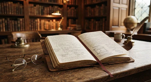Close up of a classic philosopher journal with ribbon bookmark, brass spectacles next to it, warm interior library atmosphere.