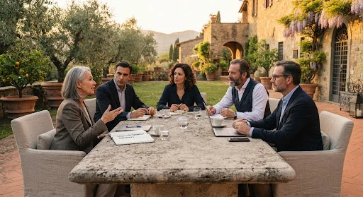 Intimate group of five mature venture leaders seated in comfortable linen armchairs around a long rustic stone table in an elegant Tuscan villa courtyard, engaged in serious thoughtful conversation with natural olive trees and soft golden hour light.
