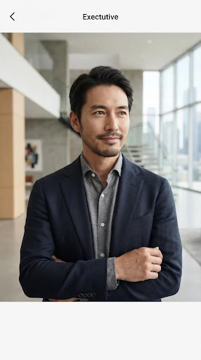 Portrait of an East Asian male executive in his late 30s with structured linen shirt, minimalist modern architectural background, calm discerning gaze.