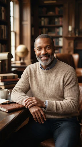 Portrait of an African-American executive leader in his early 40s in a tasteful beige knit, warm ambient library setting, smiling gently with serene confidence.