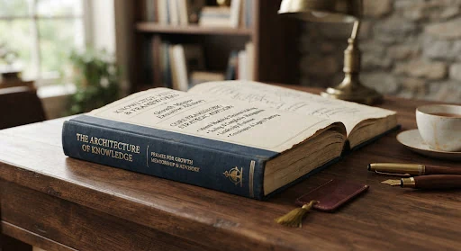 Editorial close-up of a vintage cloth-bound hardcover book on a walnut desk with elegant typography, soft warm lighting, calm quiet study aesthetic.