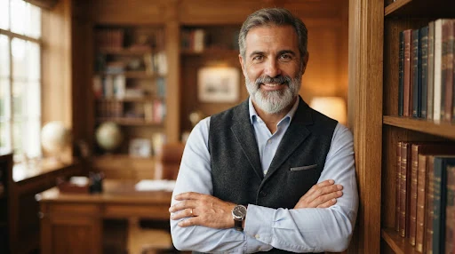 Portrait of a Mediterranean male executive in his 50s with silvering beard and dark wool vest, warm library background with gentle sunlight.